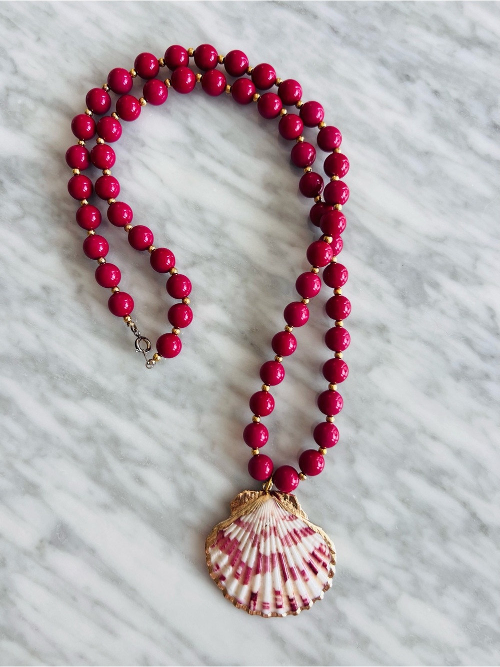 Berry Color Plastic Beaded Necklace with Shell Pendant Upcycle
